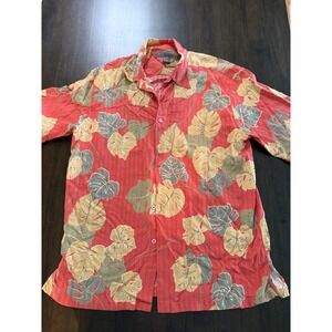 Tori Richard Mens XL Silk Aloha Shirt Coral Red Monstera Leaf Tropical Camp S/S
